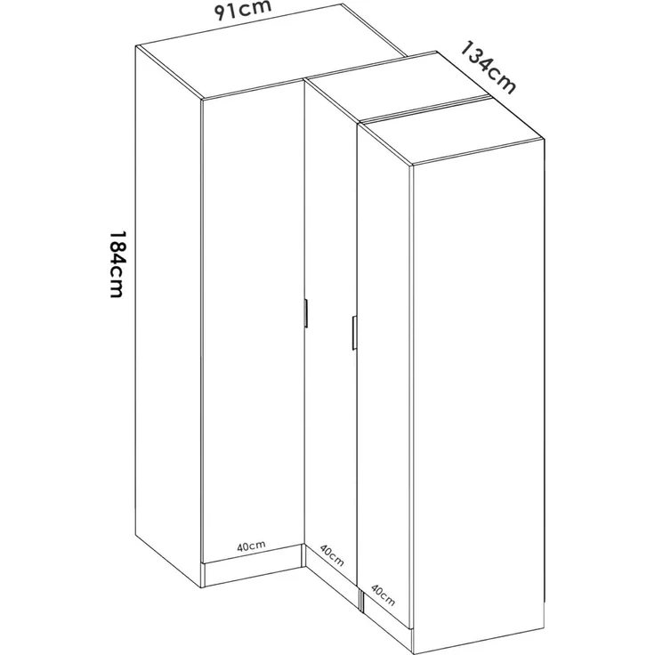 Dmora Meru, Eckschrank für Schlafzimmer, Kleiderschrank, Eckgarderobe mit 3 Flügeltüren, 133 x 91 x 184 cm, Weiß – Bild 2