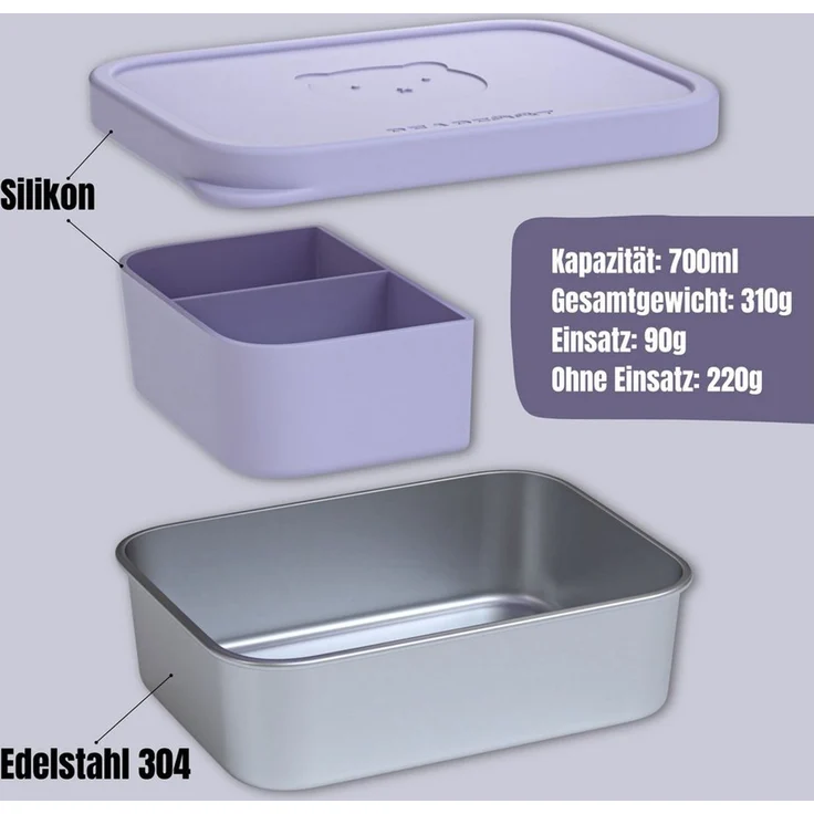 BEARFOOT Lunchbox Brotdose Kinder Edelstahl mit Silikoneinsatz - Lavendel, Kindergarten und Schule - Mädchen und Jungen, Vesperbox, Snackbox – Bild 3