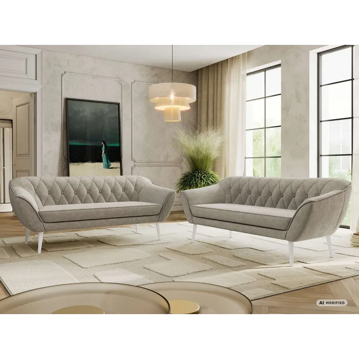 Wohnzimmerset Möbelset PIRS 3-3, Armlehnen, Wellenfederung, weiße Füße, Dreisitzer Sofa, Polstermöbel Set - Beige Stukture