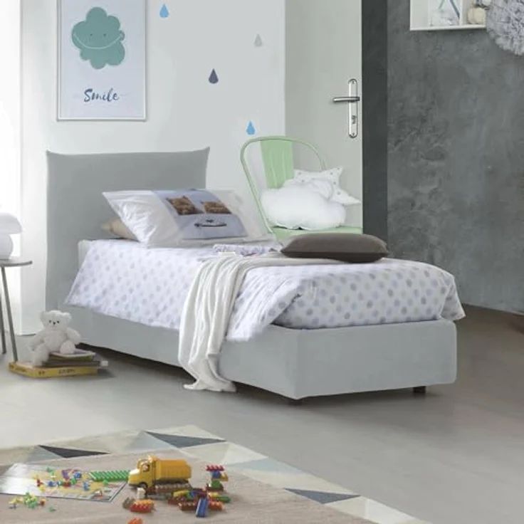 Talamo Italia - Einzelbett Marina, Bettkasten mit Stoffbezug, 100 % Made in Italy, seitliche Öffnung, geeignet für Matratzen 80 x 190 cm, Weiß – Bild 1