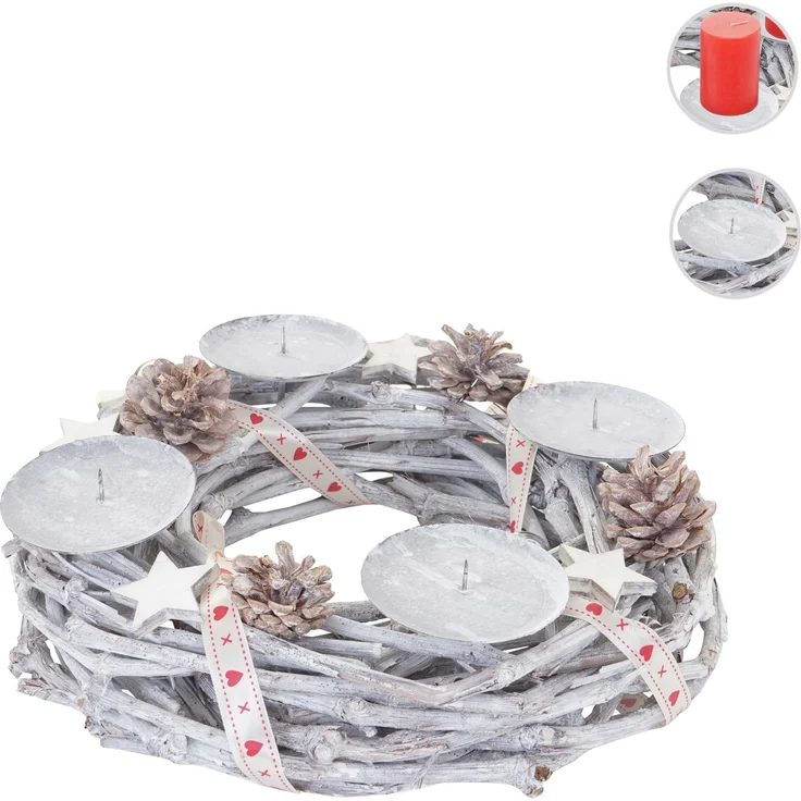 Adventskranz rund, Weihnachtsdeko Tischkranz, Holz Ø 30cm weiß-grau ~ ohne Kerzen – Bild 6