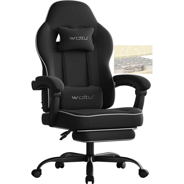 WOLTU Gaming Stuhl mit Taschenfederkissen, Gaming Sessel 150 kg Belastbarkeit, ergonomischer Drehstuhl, Gamer Stuhl mit Kopfkissen, Lendenkissen, Fußstütze, Tech-Stoff, Schwarz, GS10sz