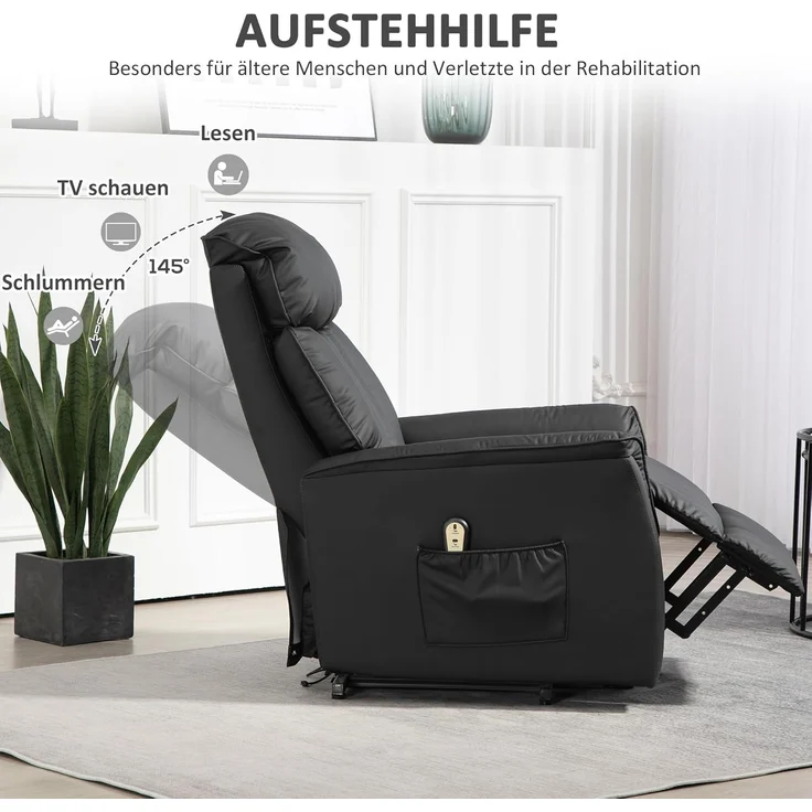 HOMCOM Relaxsessel Elektrischer Aufstehsessel (Fernsehsessel, Sessel mit Aufstehhilfe, Liegefunktion, 1-St, Kunstleder), 80 x 94 x 104 cm, Schwarz – Bild 6
