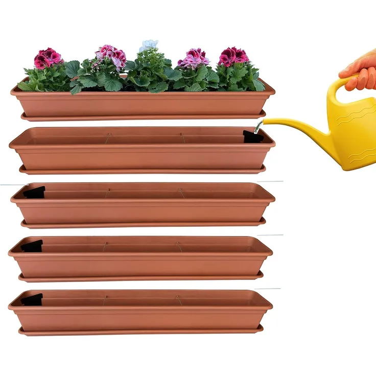 4er Blumenkasten Set Balkonkasten Pflanzkasten Terracotta mit Bewässerungssystem und Balkonkasten Untersetzer 100cm