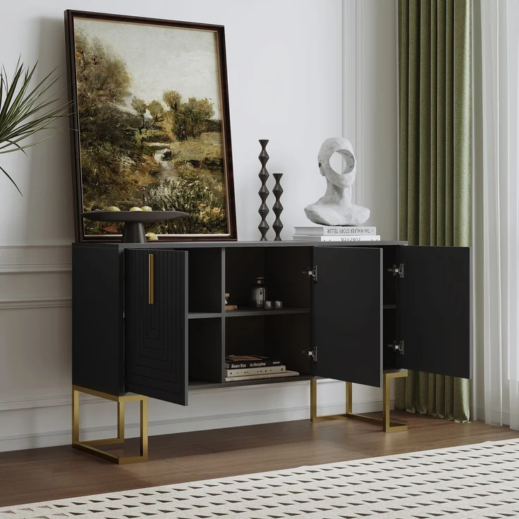 Merax Modernes 3-türiges Sideboard mit verstellbaren Regalen, U-förmigen Schranktüren und Metallgriffen und Sockel für Esszimmer und Küche (Schwarz) – Bild 3