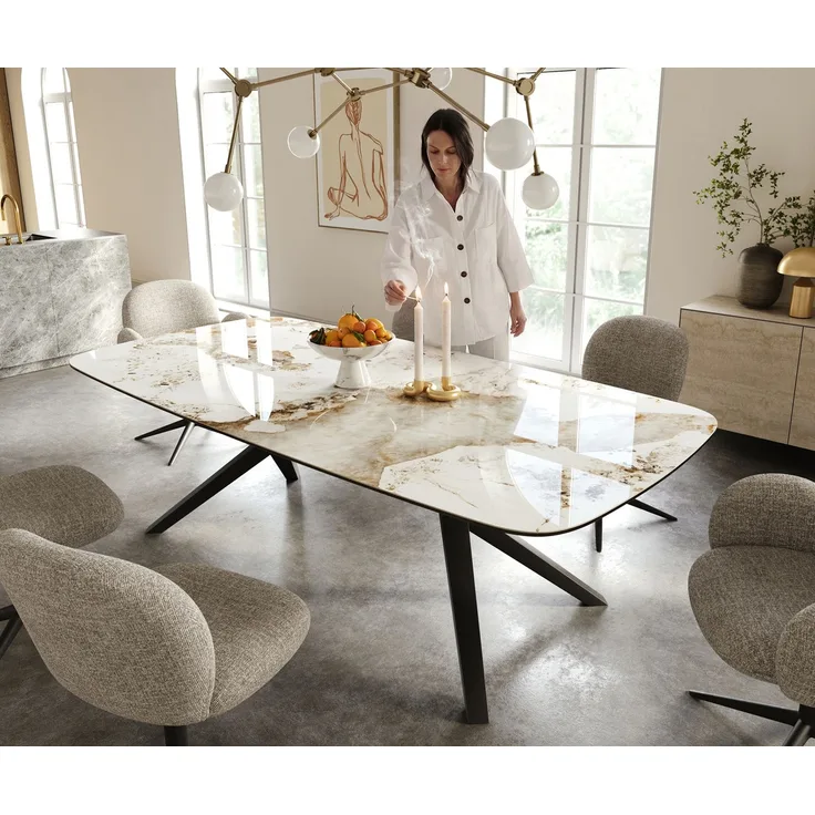 Esstisch Edge Boot 240x120 cm Keramik Minas Melange Weiß-Beige Zenthara kantig Metall Schwarz