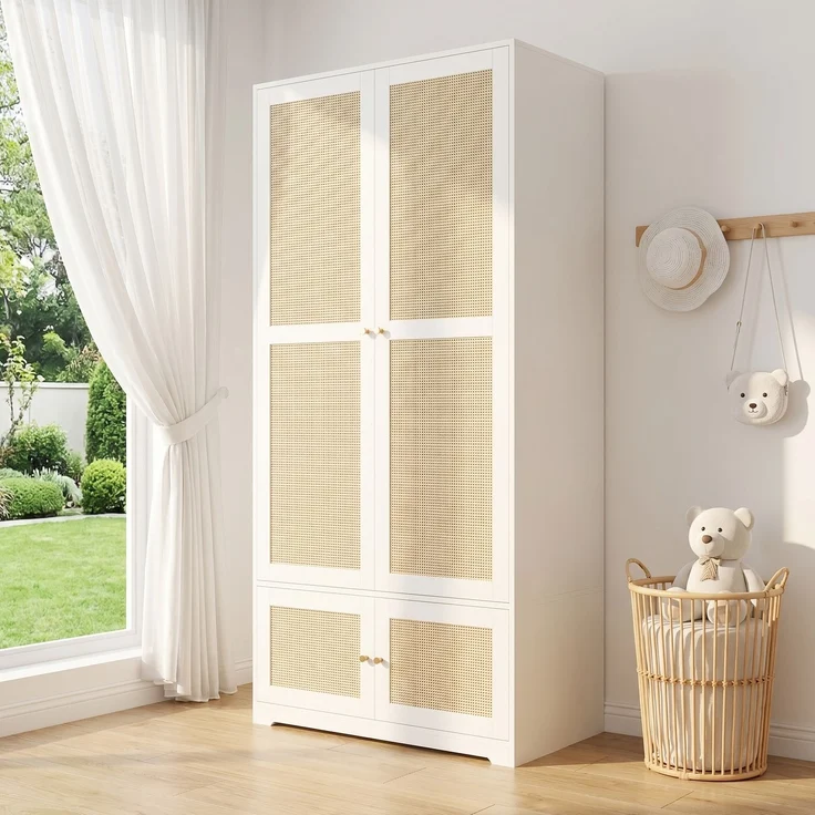 Kleiderschrank 90 x 48 x 180 cm mit Rattantüren, MDF und Kleiderstange, Weiß – Bild 2