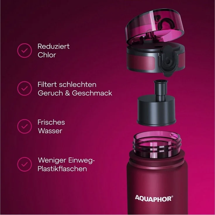 AQUAPHOR Trinkflasche CITY Flasche mit Wasserfilter für unterwegs, 500ml. I, Filter mit Aktivkohle I Aus Tritan & BPA-frei I rubin – Bild 3