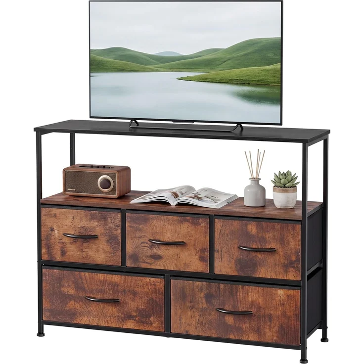 Sweetcrispy Kommode,TV Schrank Stand für Schlafzimmer mit 5 Stoffschubladen,Sideboard Wohnzimmer für 115cm TV,Einstellbare Füße Schubladenschrank,Schwarzbraun