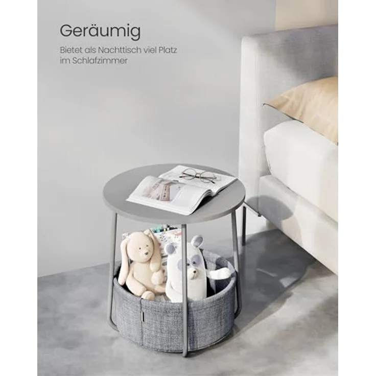 VASAGLE Beistelltisch rund, Kleiner Tisch, Couchtisch klein, Wohnzimmertisch, Korb aus Stoff, Stauraum für Wohnzimmer Schlafzimmer, Nachttisch modern, Taubengrau-schiefergrau LET223GD01 – Bild 4