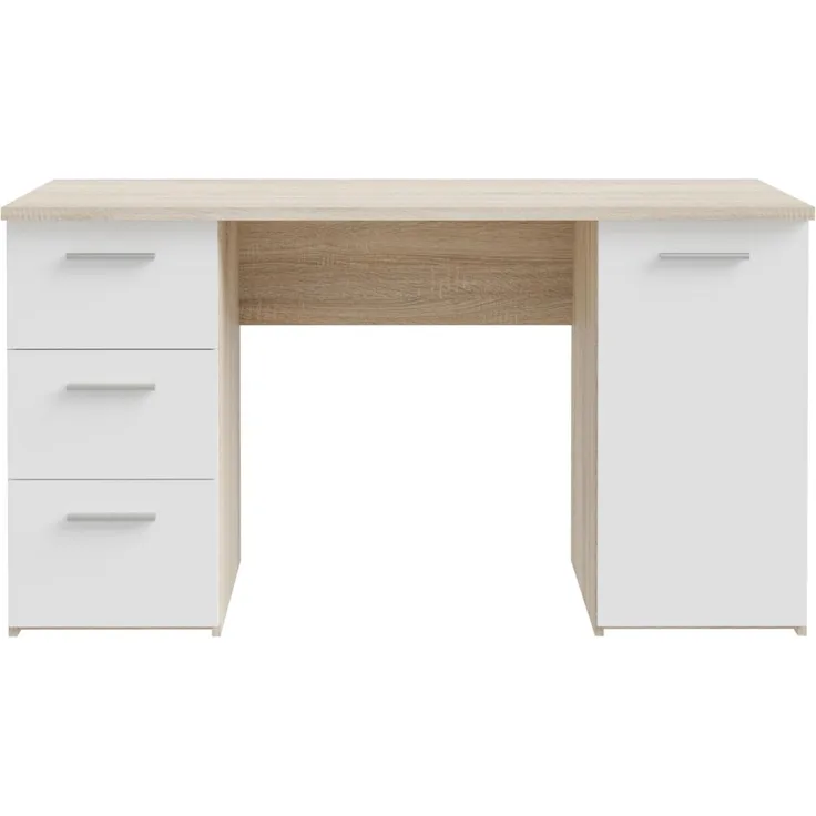 FORTE Schreibtisch 3 Schubladen, Tür, Weiß / Sonoma Eiche Dekor - 138,2x75,3x60cm (BxHxT)