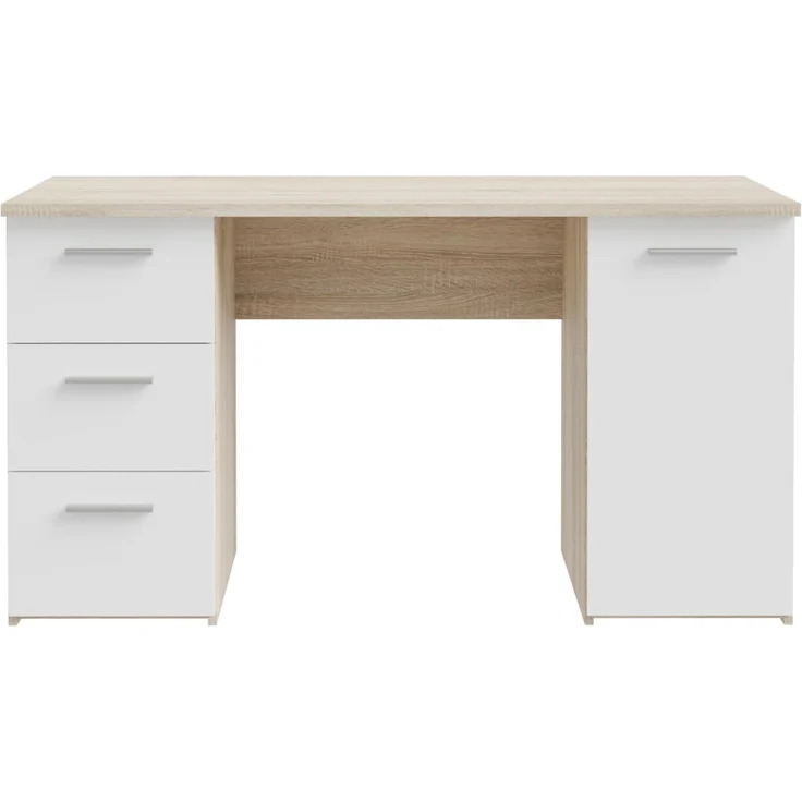 FORTE Schreibtisch 3 Schubladen, Tür, Weiß / Sonoma Eiche Dekor - 138,2x75,3x60cm (BxHxT)