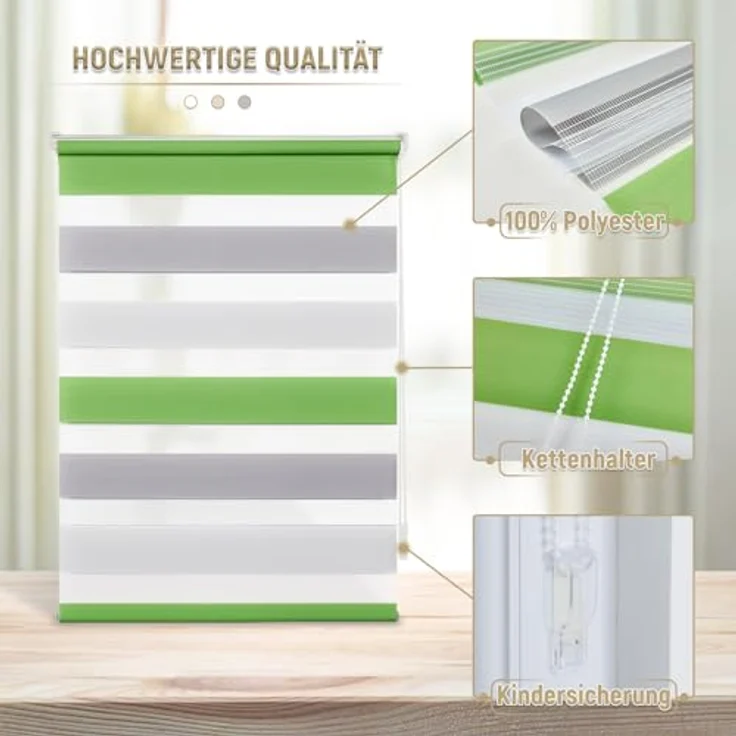 Deswell Doppelrollo Klemmfix ohne Bohren Grün-Grau-Weiß B50 x H120 cm (Stoffbreite 46cm) Rollos für Fenster ohne Bohren für Fenster mit Lichtdurchlässig & Verdunkelnd/Höhe Stufenlos Verstellbar – Bild 4