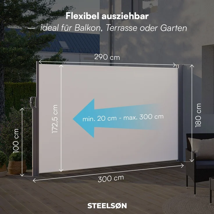 STEELSØN 'Zirella' Seitenmarkise mit Aluminium-Kassette, ausziehbar, 180x300 cm, beige/anthrazit, Windschutz, wetterfest und blickdicht – Bild 6