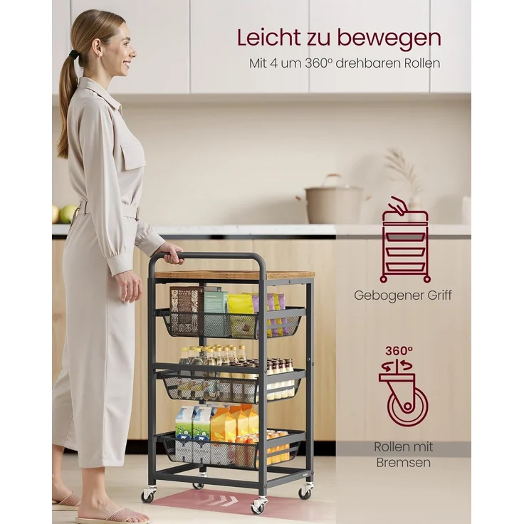 VASAGLE Servierwagen mit 4 Ebenen, Rollwagen mit herausziehbaren Körben, auf Rollen, 31,7 x 40 x 76 cm, vintagebraun-tintenschwarz – Bild 5