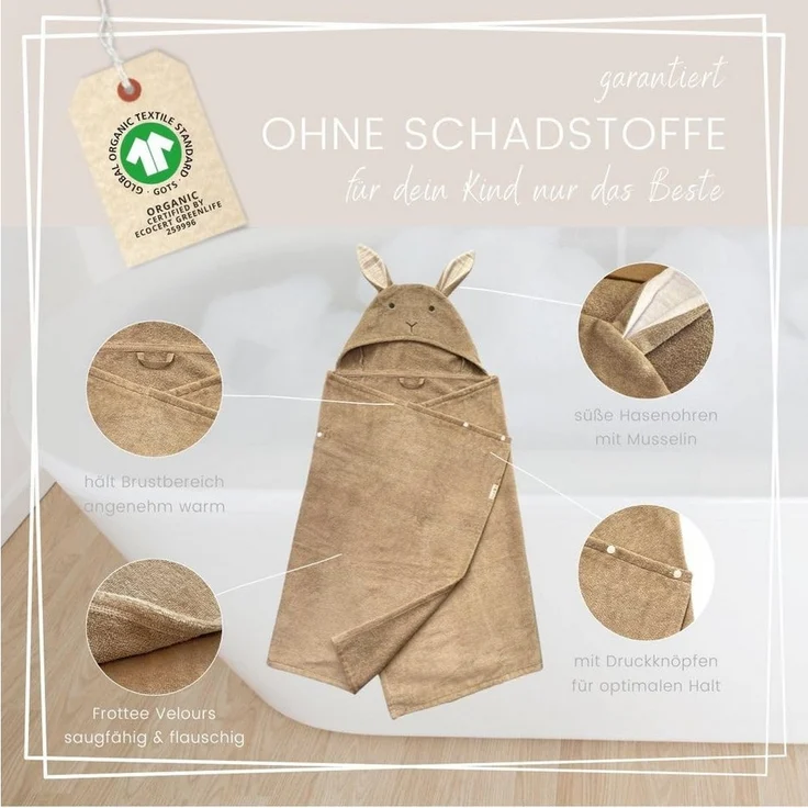 DIKOS Kapuzenhandtuch Badeponcho Baby Kinder Taupe/Altrosa, 70x140cm, 100% Bio-Baumwolle, 2-in-1 ab Geburt Handtuch mitwachsendes Badetuch/Poncho mit Knöpfen – Bild 3