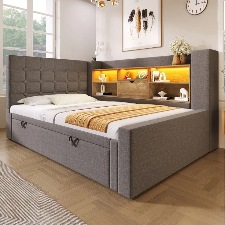 Odikalo Schlafsofa Schlafcouch 90x200 mit LED Ausziehbett und Stauraum, Polsterbett Bett 90x200 cm mit Ausziehbett 90x190, und LED-Beleuchtung,Struraumbett, L-förmigem Kopfteil mit Stauraum, beidseitig montierbar, Lattenrost, Leinen, (Ohne Matratze) – Bild 1