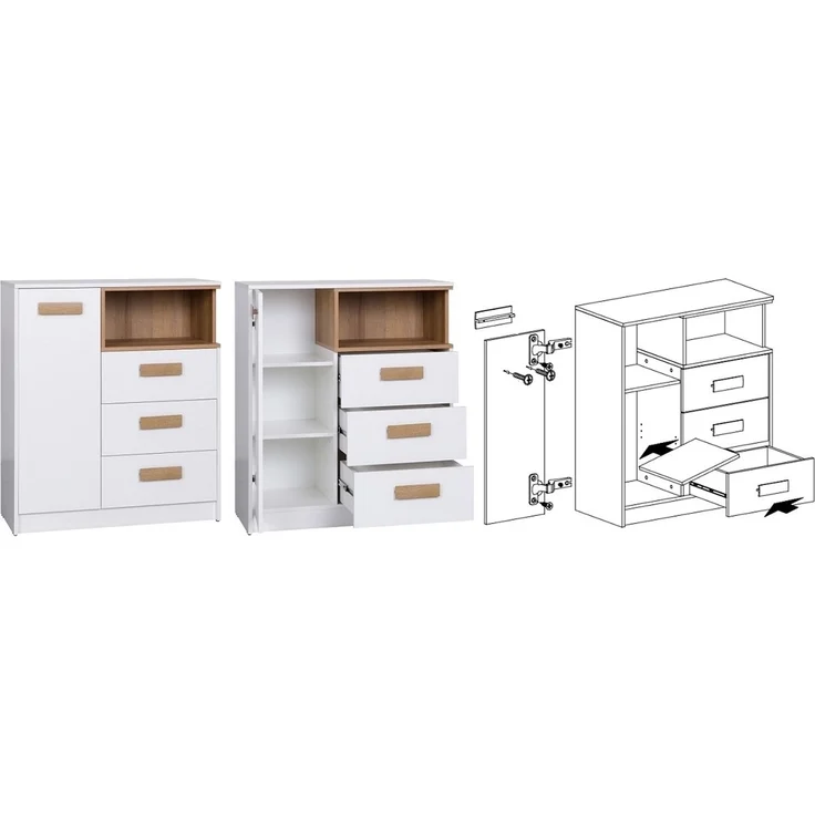 Marmex Möbel Grant Set-T Jugendzimmer Komplett-Set 5-teilig mit Kleiderschrank, Kommode, Schreibtisch, geschlossenes Regal, Wandregal, Kinderzimmermöbel mit Schreibtisch, laminierte Spanplatte, Kleiderstange, weiß+riviera Eiche, 449x195x55 cm – Bild 3