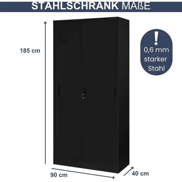 Aktenschrank abschließbar ROLF - Schiebetüren, 5 Ebenen | Büroschrank aus Stahl Metallschrank Werkstatt Mehrzweckschrank Werkzeugschrank, 185x90x40cm Schwarz – Bild 2