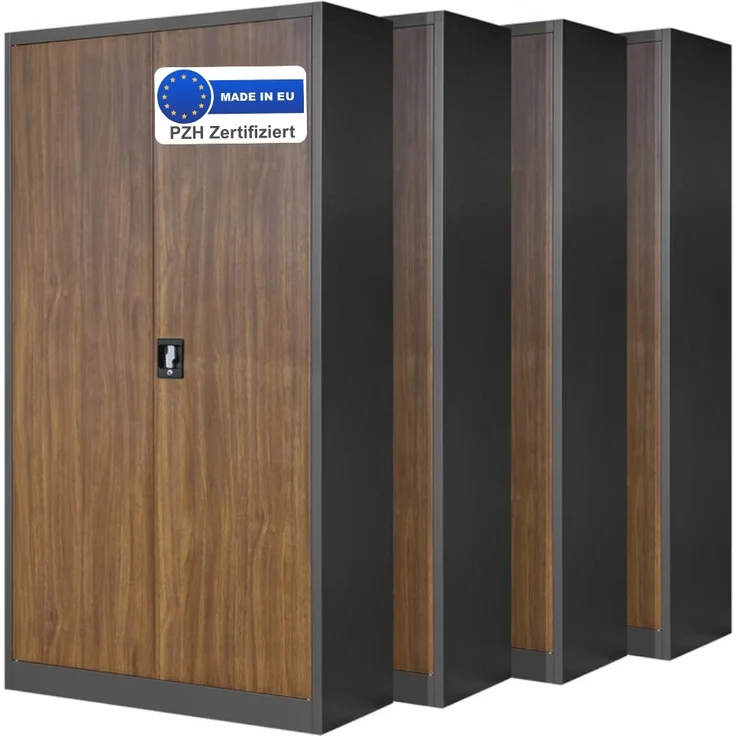 MegaDeal 4x Aktenschrank abschließbar KADO - 5 Ebenen verstellbar, Flügeltüren | Metallschrank Werkstatt Mehrzweckschrank Büroschrank aus Stahl Werkzeugschrank, 195x90x40cm Anthrazit-Nussbaum – Bild 1
