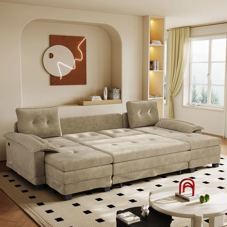 ZUBALIYA Schlafsofa 127x87 cm, mit USB - Anschluss, mit Ausziehbett, mit Chenille - Bezug, mit Samtbezug, modular aufgebaut, Weiß – Bild 12