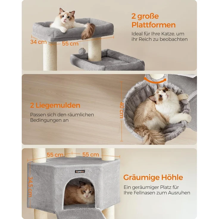 Feandrea Kratzbaum groß, mehrstöckiger Katzenbaum, XXL, 55 x 55 x 186,7 cm, 11 cm d Dicke Sisalstämme, für große Katzen wie Maine-Coon-Katze, Katzenkratzbaum, Taubengrau-cremeweiß – Bild 5