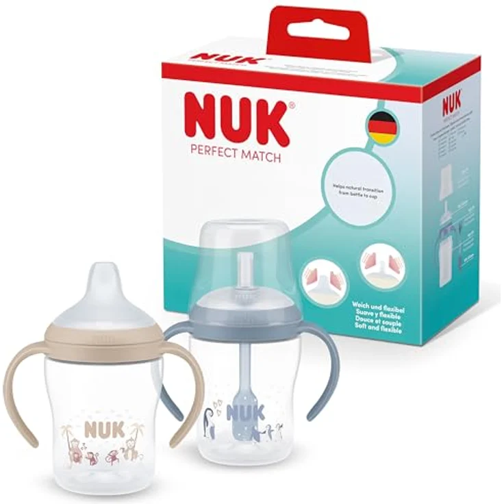 NUK Perfect Match Trinklernflasche mit Strohhalm | 6+ Monate | 150 ml | Auslaufsicherer Baby-Strohhalmbecher | Rutschfeste Griffe | Blau | 2 Stück – Bild 1