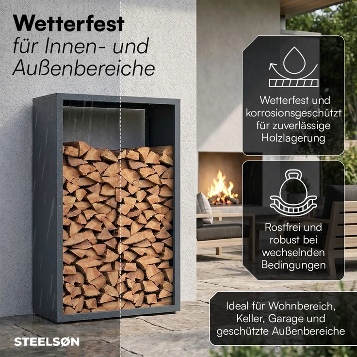 STEELSØN 'Keid' Kaminholzregal 140x90x42,5 cm, Brennholz Regal für innen/außen, rostfrei & wetterfest, stabil aus Metall, anthrazit – Bild 7
