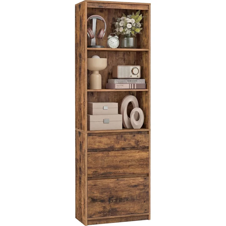 VASAGLE Kailyn Kollektion - Bücherregal, Hochschrank, 3 unterschiedlich große Schubladen, verstellbare Ablagen, Wohnzimmer Schlafzimmer Arbeitszimmer, modern, platzsparend, vintagebraun LBC188KD01