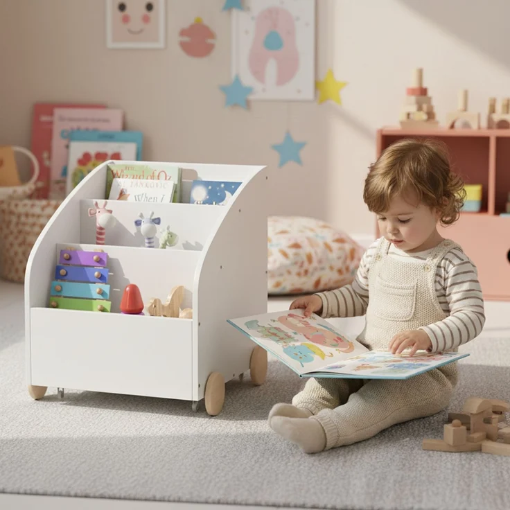 Bellabino 'Towy' Kinderbücherregal, weiß, 43x40x43 cm, Holz, Spielzeugregal mit 3 Ablagefächern und Geheimfach – Bild 2