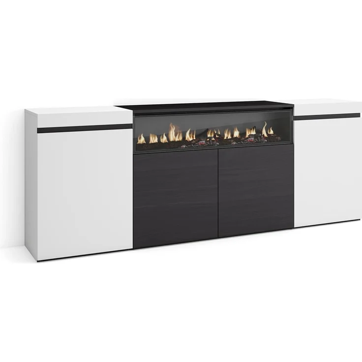 Skraut Home | Sideboard, Highboard | Kommode, Komodenschrank | 200 x 75 x 35 cm | 4 Türen | Elektrokamin. Maße | Moderner Stil | Weiß und Schwarz