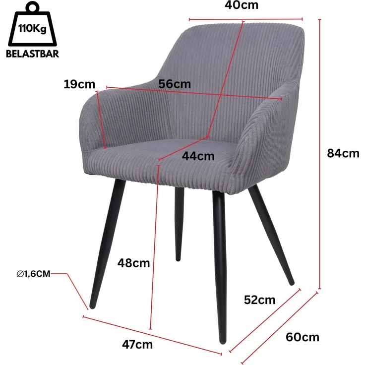 Albatros Esszimmerstuhl SILA – 2er Set Polsterstühle mit Armlehnen, Cord-Bezug | Küchen- & Esszimmerstühle für Küche, Wohnzimmer & Esszimmer | Esstisch Stühle | Grau – Bild 2