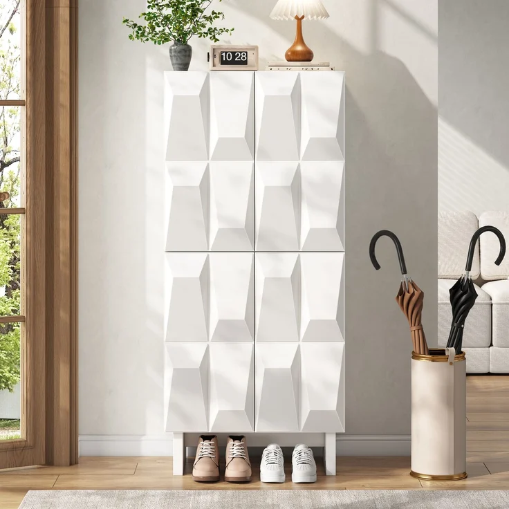 Schuhschrank Sideboard Kompaktsschrank Spanplatte Relief 4 Türen 4 Fächer verstellbare Böden Flur Wohnzimmer--Weiß--60.5x34x135.5cm--YOUDENOVA – Bild 10