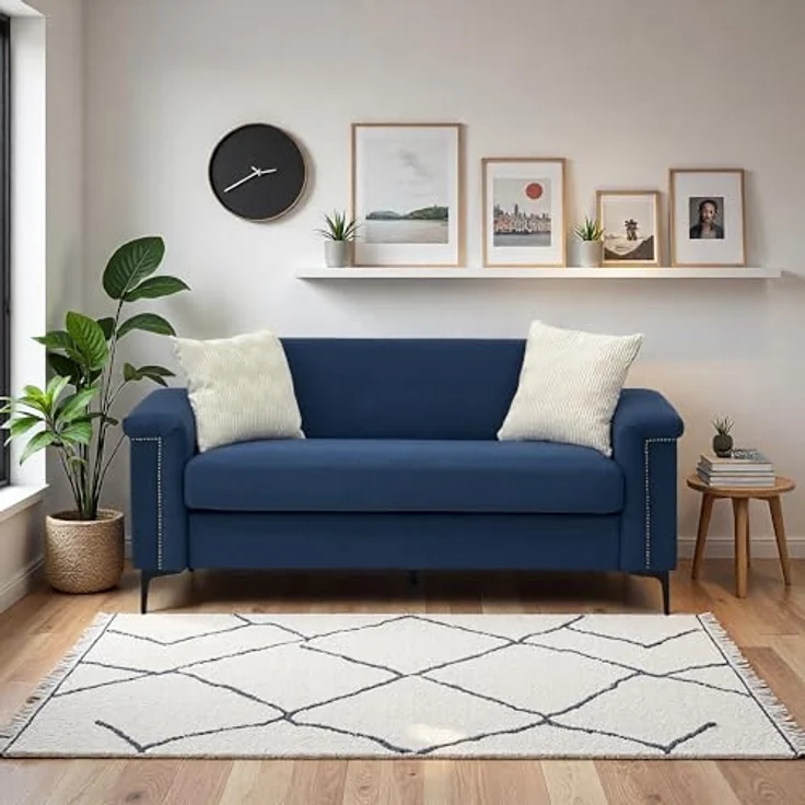Ball & Cast 2 Sitzer Sofa mit Metallbeinen, Jugendsofa mit Klassischer Nietenverzierung, Elegant Skandinavischer Stil für Wohnzimmer, 172 x 81.5 x 73.5 cm (BxHxT), Blau – Bild 3