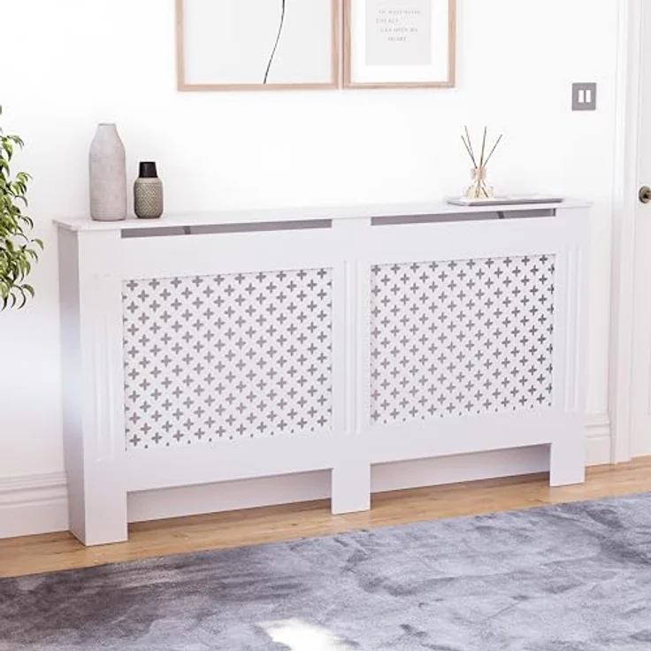 Vida Designs Oxford-Heizkörperabdeckung, moderner weißer MDF-Schrank, gerilltes Holzregal Oben, groß – Bild 2