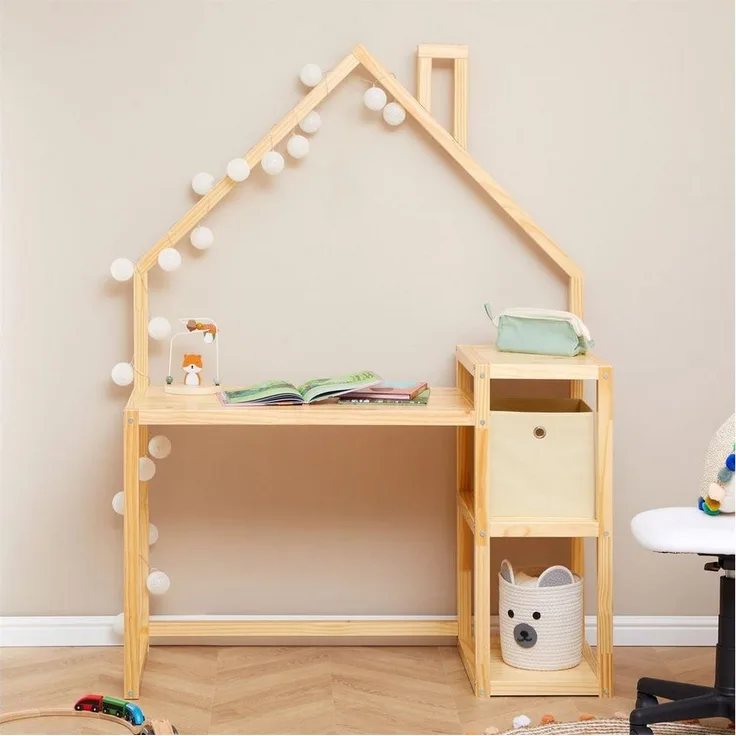 IDIMEX Kinderschreibtisch NIVIA, Kinderzimmer Schreibtisch mit Regal Hausdesign, Lerntisch natur
