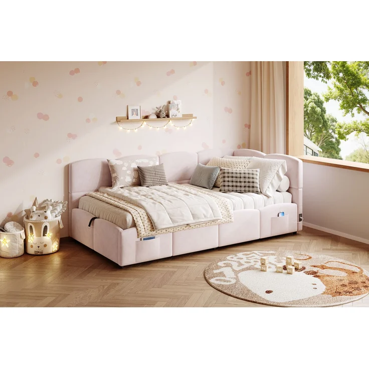 ZUBALIYA Schlafsofa 90 x 200 cm mit hydraulischem Bettkasten, USB-Anschluss, USB-C-Anschluss, Samt, Rosa – Bild 23