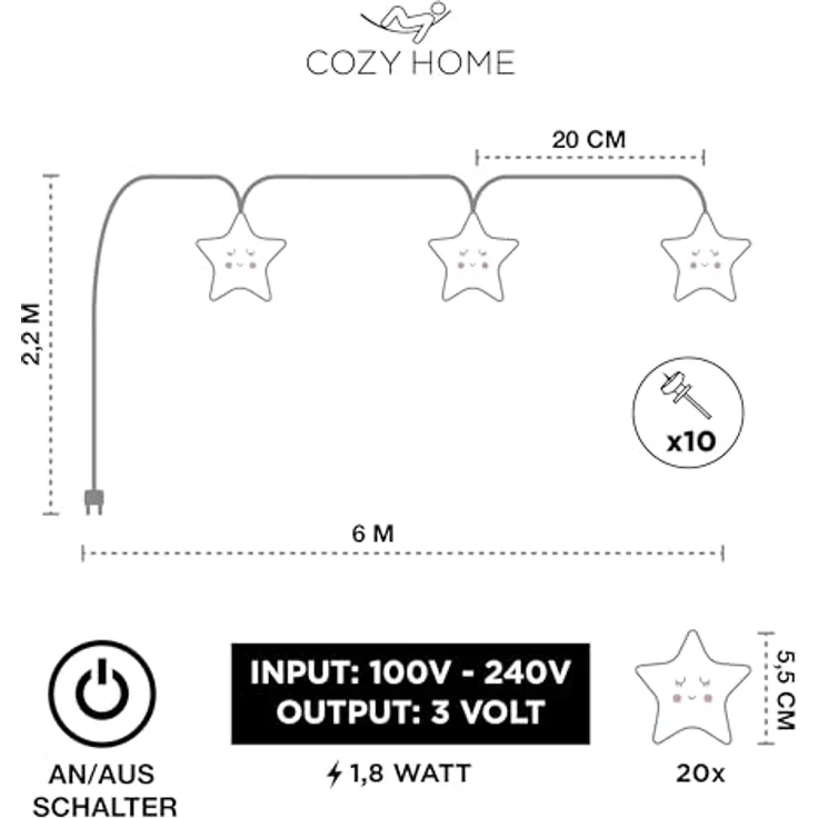 COZY HOME LED-Lichterkette Sternen Batterie und Stecker, 20 LED I 5m I Warmweiße LED-Stern Lichterkette I Kinderbett Bunt Deko – Bild 5