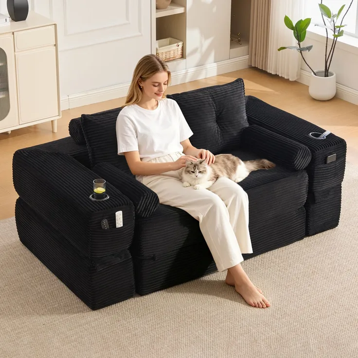 Wohnora-Cord-Klappsofa für 2 Pers, hochdichter Schaum-Federkern, formstabil & bequem Mit Taschen, Getränkehalter, Memory-Kissen + 2 Zierkissen Vakuumverpackt, schneller Aufbau, für Wohnung & Wohnzimmer,H 80cm x T 180cm x B 98cm,Schwarz