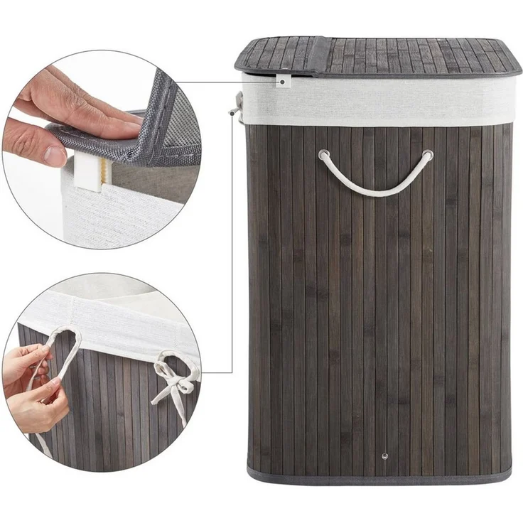 Mondeer Wäschekorb 150L Wäschesammler aus Bambus, mit 3 Fächern, faltbar, mit Tragegriffe, Deckel – Bild 3