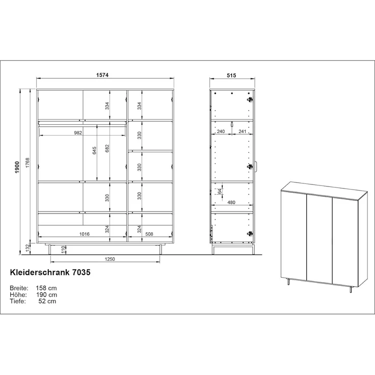 Germania Kleiderschrank 7035-186 GW-Tomino, in Steingrau, gedämpfte Türen, mit Kleiderstange, 158 x 190 x 54 cm (BxHxT) – Bild 3