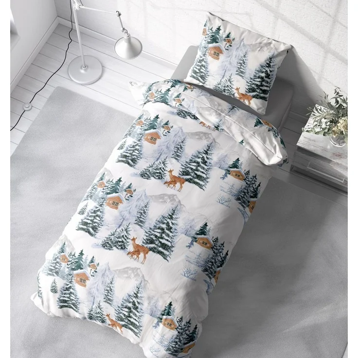 One Home Bettwäsche Winterlandschaft Hirsche Natur Weihnachten, Flanell, 2 teilig, weihnachtlich Schnee, kuschelig flauschig warm weiche Baumwolle Biber – Bild 4
