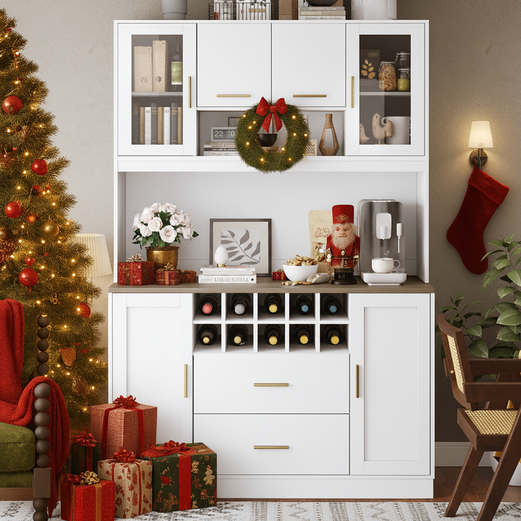 EINHOM Seitenschrank, Aufbewahrungsschrank, Küchenschrank, Anrichte, 120 x 36, 3 x 180 cm, mit LED-Beleuchtung und Steckdose, Sechs Türen, Zwei große Schubladen, Schwarz/weiß, Weiß