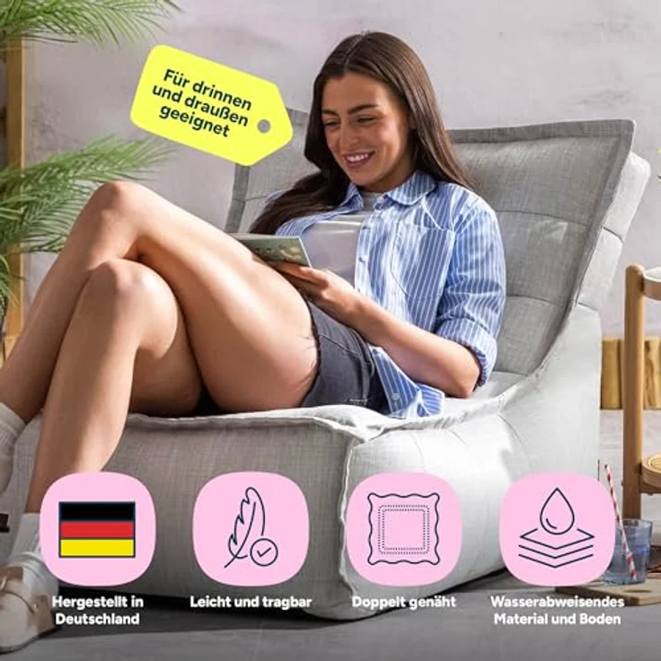 Icon Dolce Sitzsack-Liege für Erwachsene, Grau, Indoor Outdoor Sitzsack mit Füllung, Bean Bag, Wasserabweisender Stoff, Bequemer Sessel für Wohnzimmer, Lounge, Schlafzimmer, Garten – Bild 5