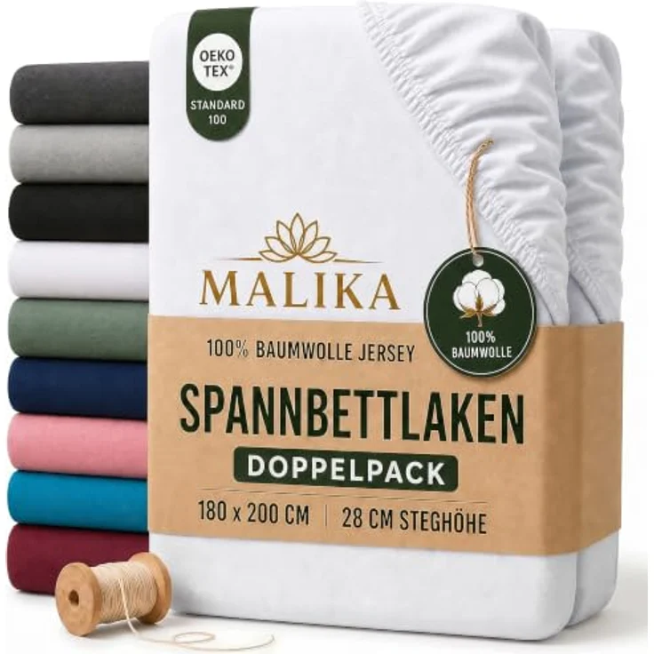 MALIKA® Spannbettlaken 2er Set, 90x200cm - 100x200cm, Baumwolle Jersey, für Matratzenhöhe bis 28 cm, Oeko-Tex zertifiziert – Bild 1