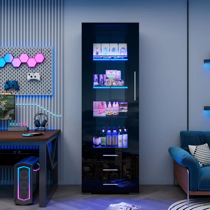 Schwarz Hochglanzvitrine, Vitrine Glasvitrine , Standvitrine mit LED-Beleuchtung, Vertikale Vitrine mit 3 Schubladen, 60*35*180cm--Schwarz--60x35x180cm--YOUDENOVA – Bild 4