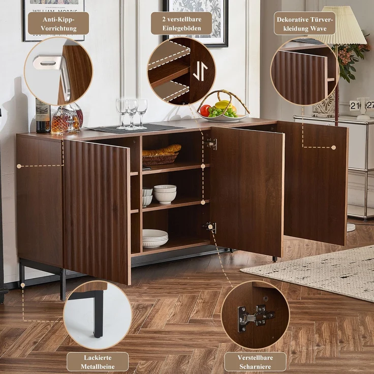 Merax 150x40x80cm Eiche dunkel gemasert, Sideboard, Mid-Century Modern Dekoschrank, 3 Türen, welliges 3D-Design, verstellbare Einlegeböden, Kippsicherung-stilvolle Aufbewahrung für Wohnzimmer, Esszimmer – Bild 8