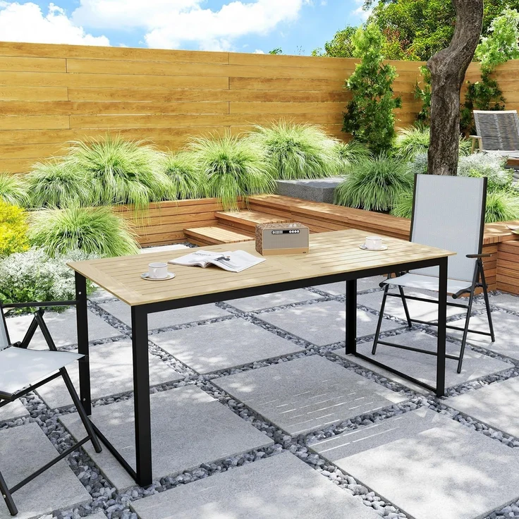 Outsunny Gartentisch mit Holzoptik, Lamellendesign, für 6 Personen (Buffettisch aus Metall, 1-St, wetterfest Balkontisch), 175x78 cm, für Garten, Terrasse Balkon Schwarz – Bild 8