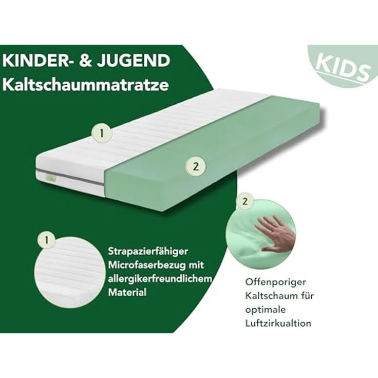 DREAMSTAR Ergo Kids Junior Kindermatratze und Jugendmatratze | Öko-TEX® | hautfreundlicher Bezug abnehmbar und waschbar bei 60 Grad | 140x200 cm – Bild 2