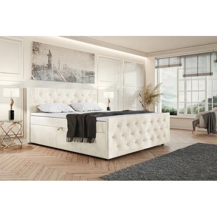 MEBLINI Boxspringbett PEDRO 180x200cm - H3P/Creme Samt - mit Bettkasten - Polsterbett - Doppelbett mit Topper & Taschenfederkern-Matratze – Bild 1